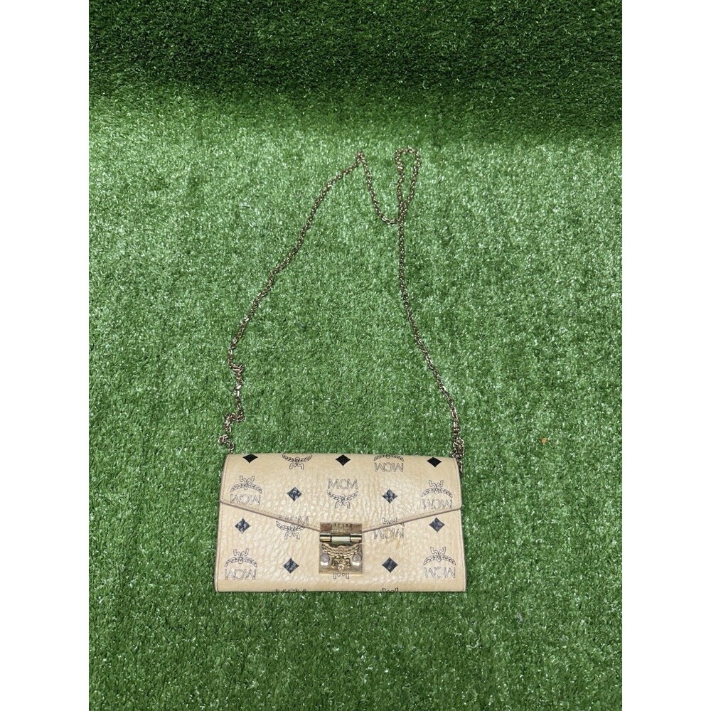 Womens MCM Visetos Monogram Leather Chain Wallet Crossbody Bag Beige